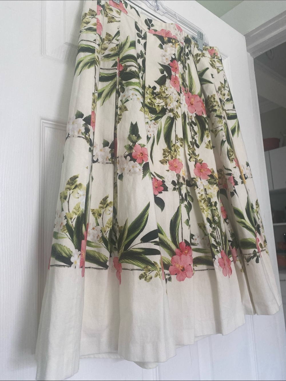 Talbots White Skirt with Pink Floral & Green Leaves
